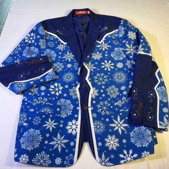 Shinesty Snowflake Western Suit Jacket 50 Pants 46x35 Blue White Holiday Party - Picture 15 of 16